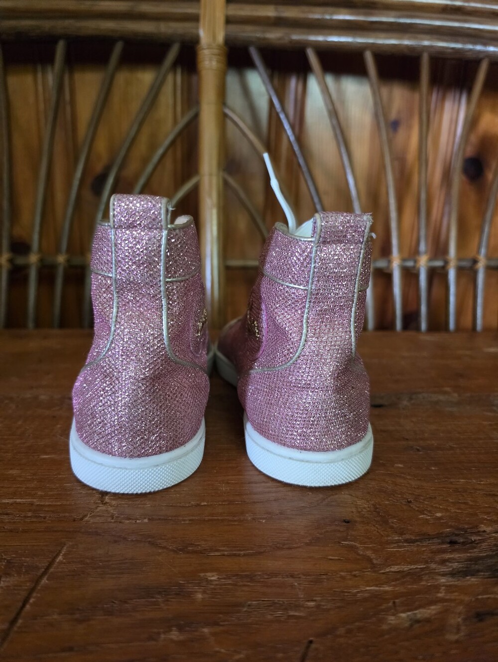 Christian Louboutin Sparkly Pink High Top Sneakers with Hot Pink Laces - Picture 15 of 16